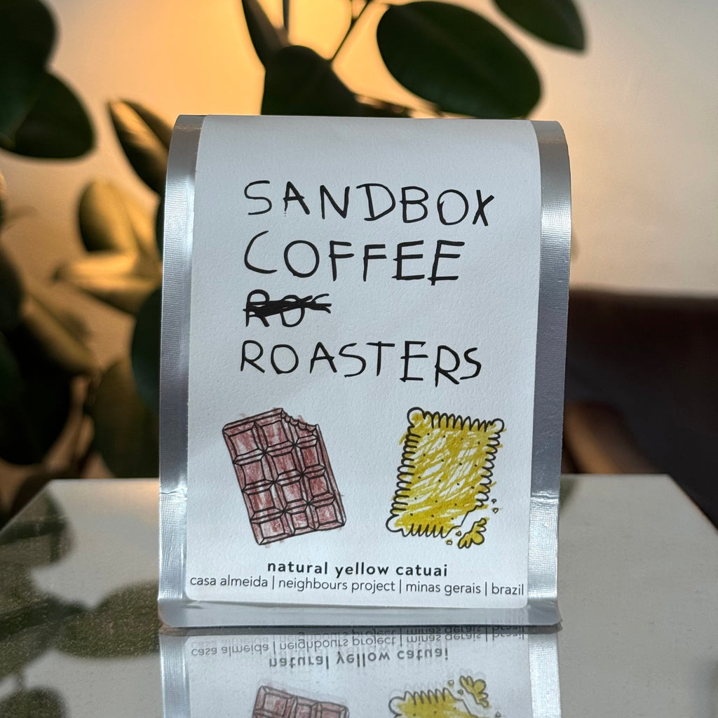 Sandbox Coffee Roasters sign with coffee bean illustrations on a blurred background