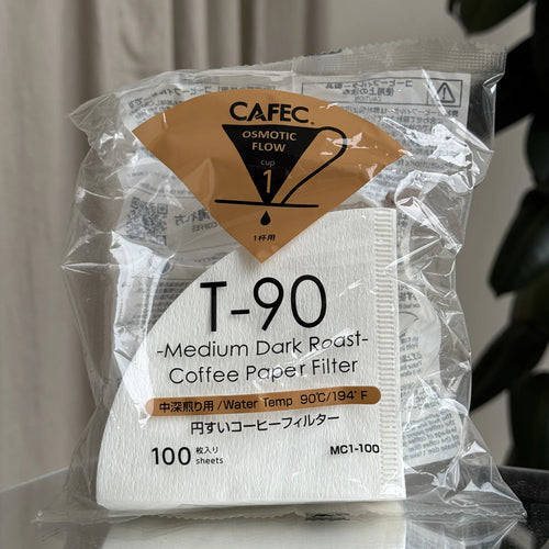 Cafec T-90 coffee paper filter packaging with clear plastic wrapping.