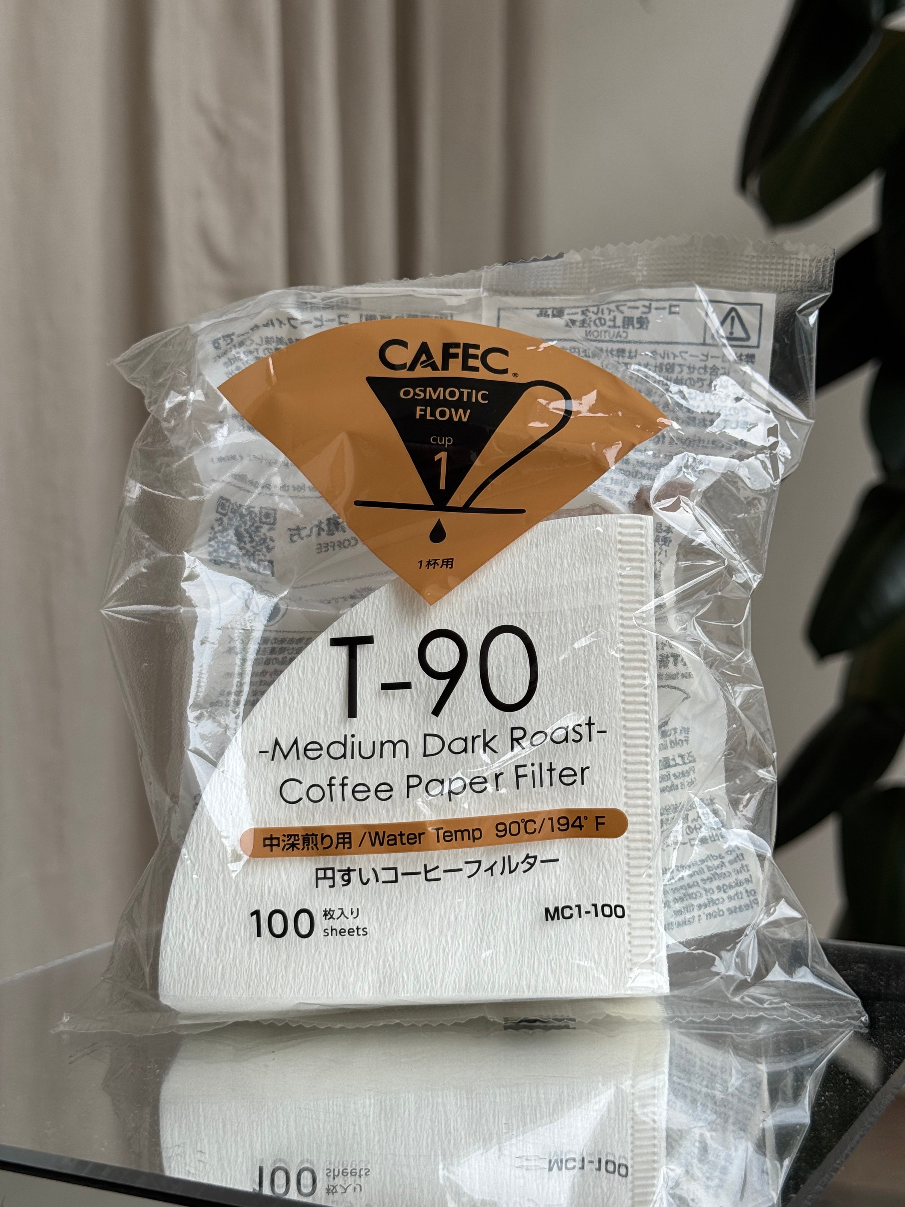 Package of CAFEC T-90 medium dark roast coffee paper filters for pour over brewing