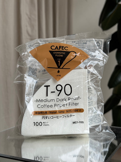 Package of CAFEC T-90 medium dark roast coffee paper filters for pour over brewing