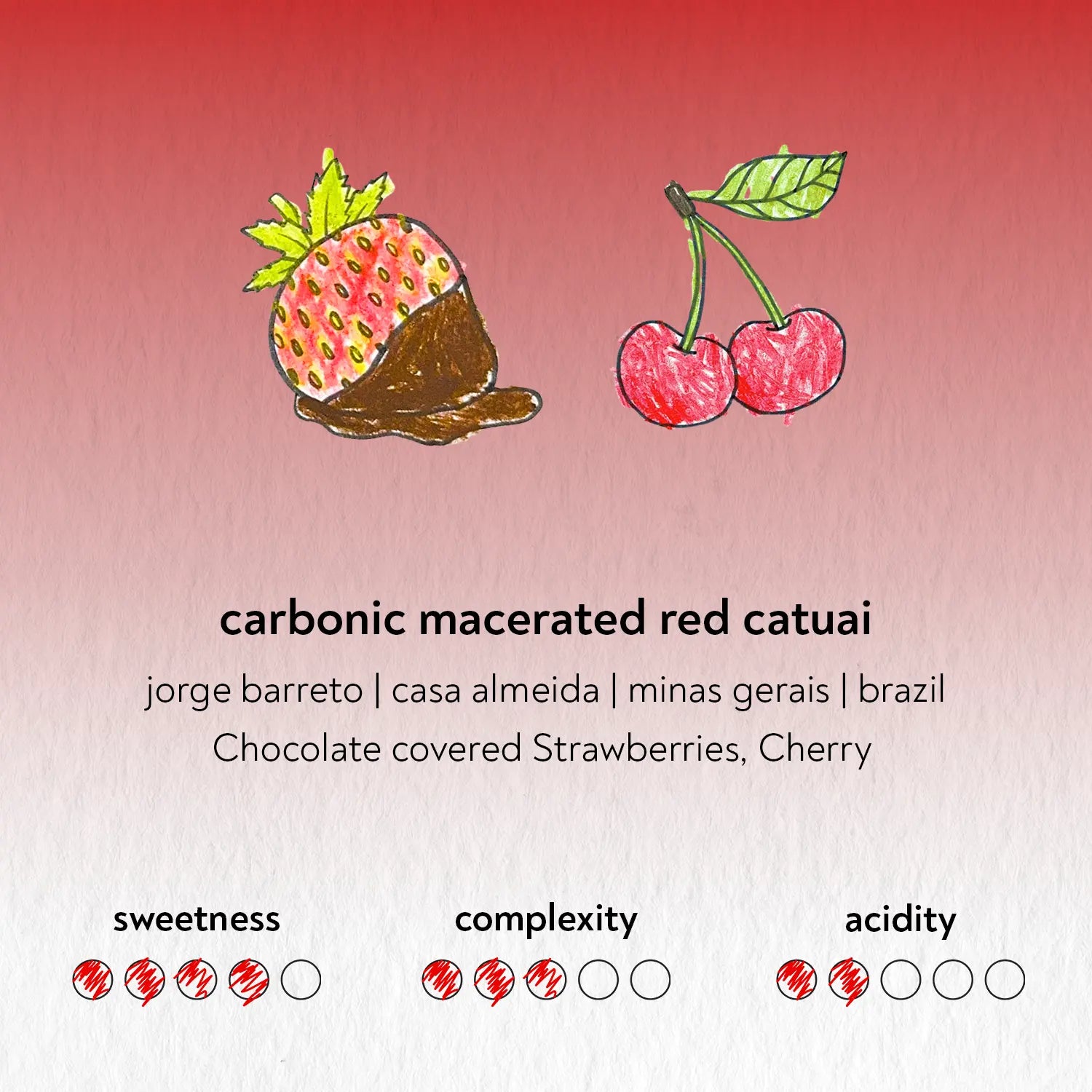 Illustration of chocolate-covered strawberries and cherries with coffee flavor description on a red and pink gradient background.