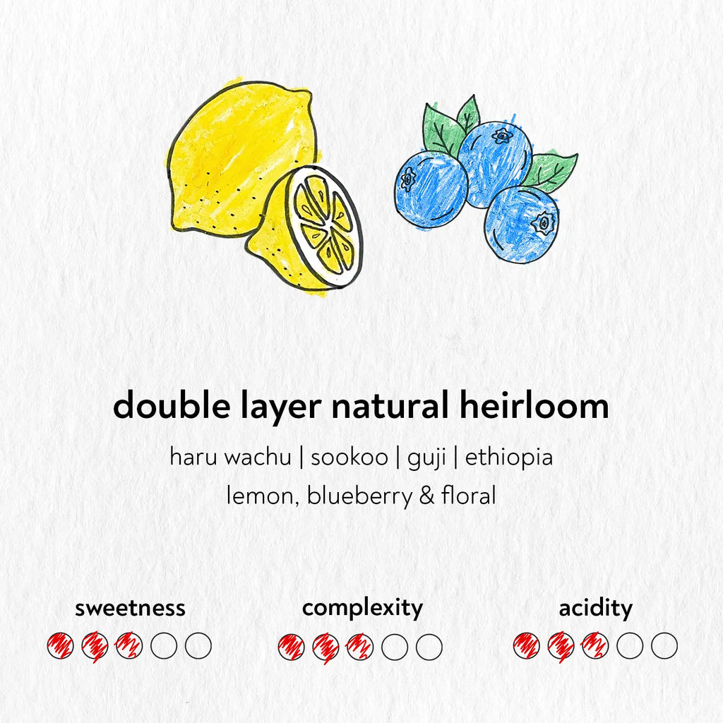 Product label with lemon, blueberry illustration and text on a light background